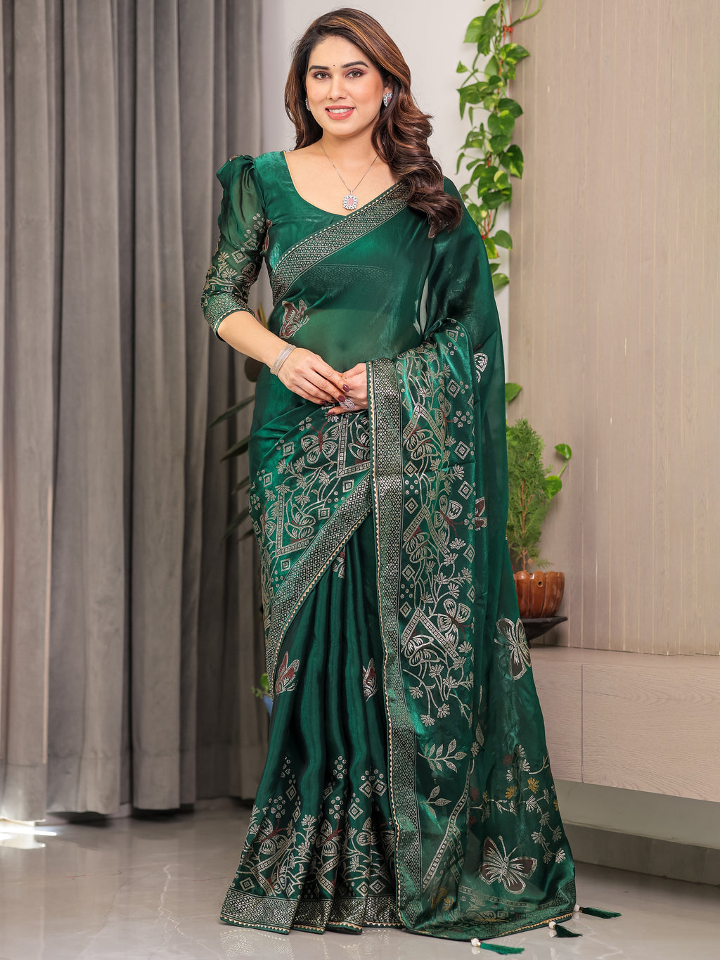 Emerald Green Fendi Satin Block & Foil Print Saree with Attached Blouse & Tassel Detailing