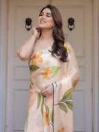 Champagne Peach Satin Georgette Floral Printed Saree with Matching Printed Blouse & Statement Botanical Pallu | Elegant Soft Party Wear Saree