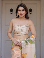 Champagne Peach Satin Georgette Floral Printed Saree with Matching Printed Blouse & Statement Botanical Pallu | Elegant Soft Party Wear Saree