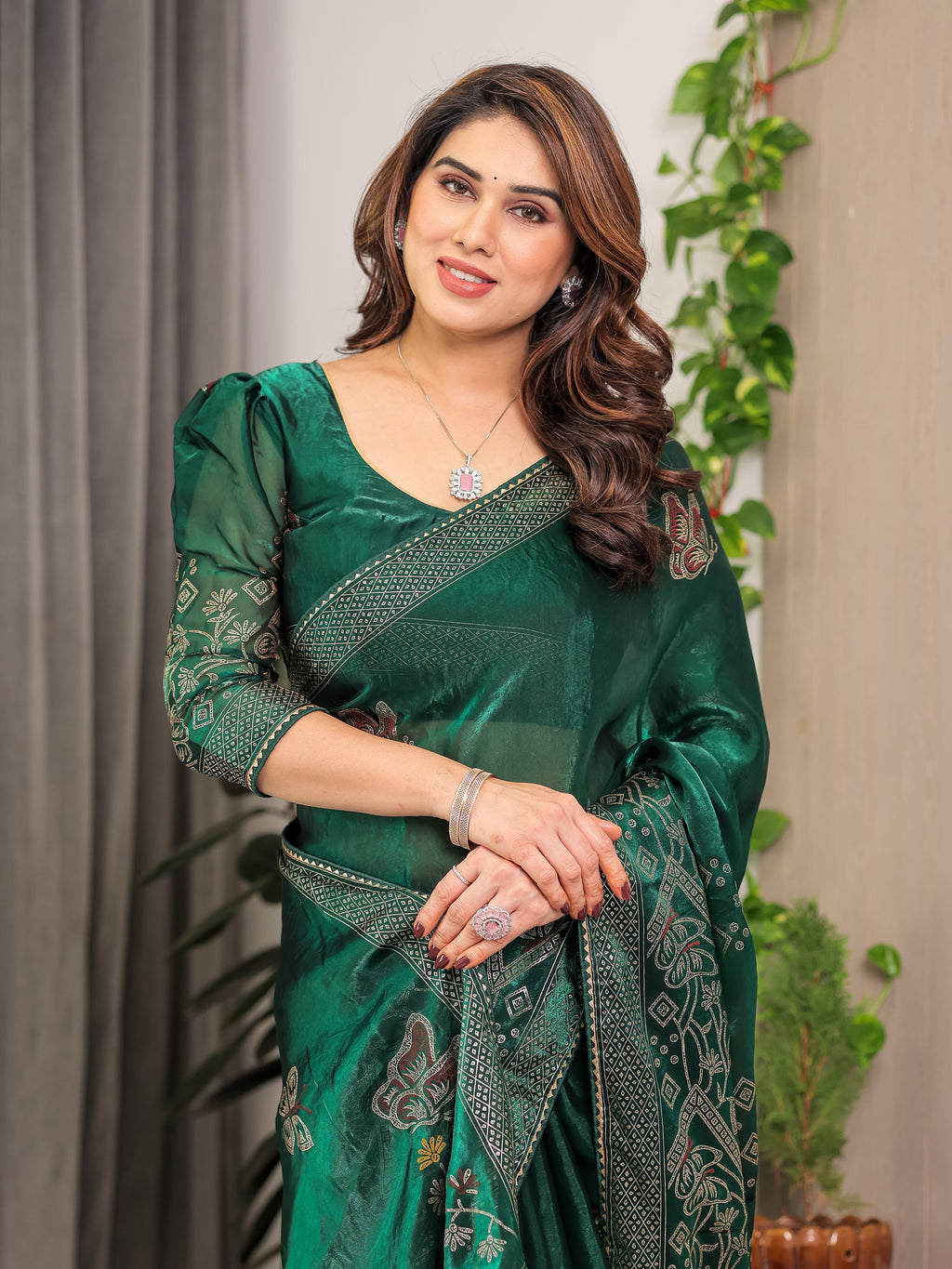 Emerald Green Fendi Satin Block & Foil Print Saree with Attached Blouse & Tassel Detailing