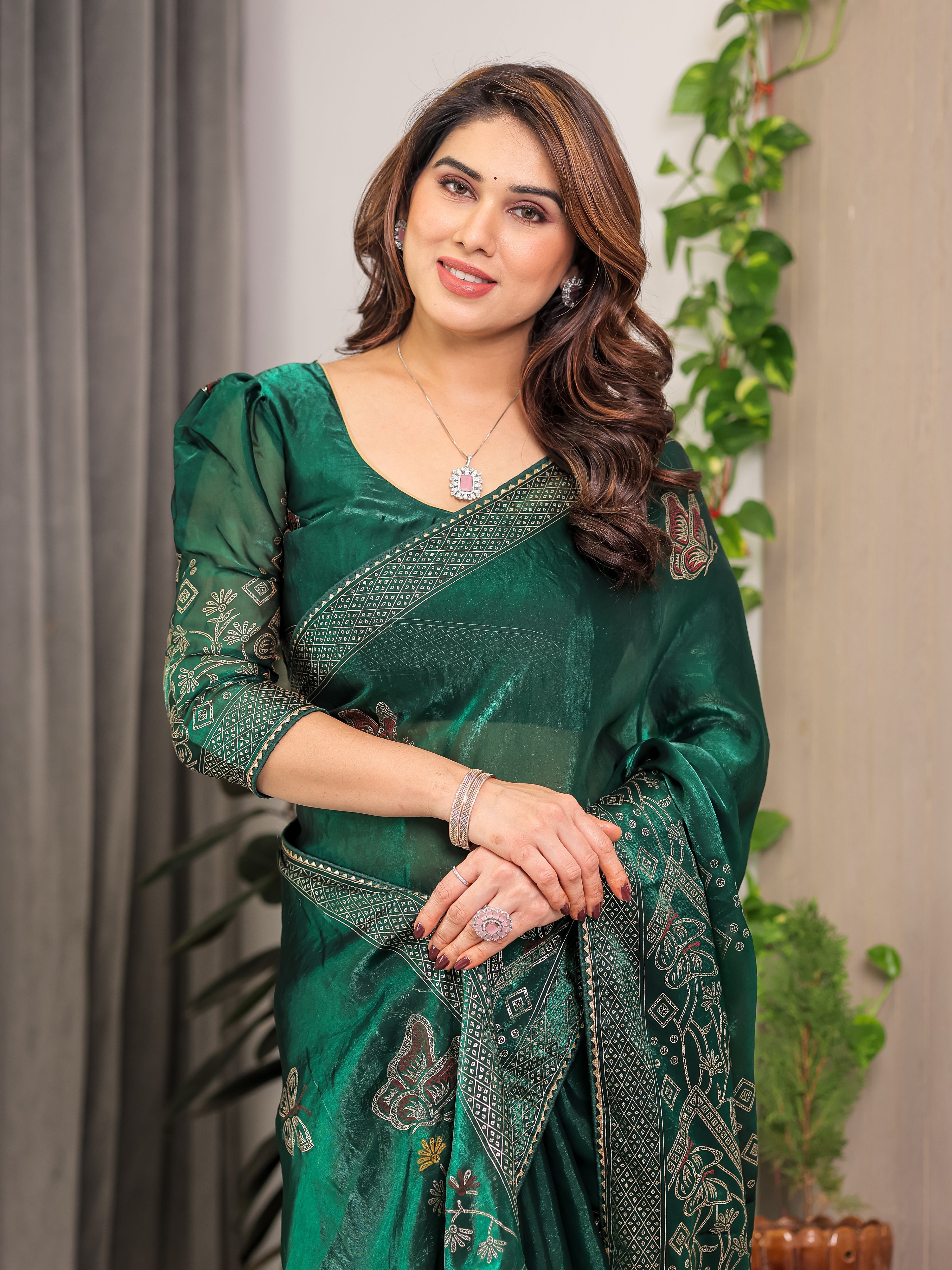 Emerald Green Fendi Satin Block & Foil Print Saree with Attached Blouse & Tassel Detailing
