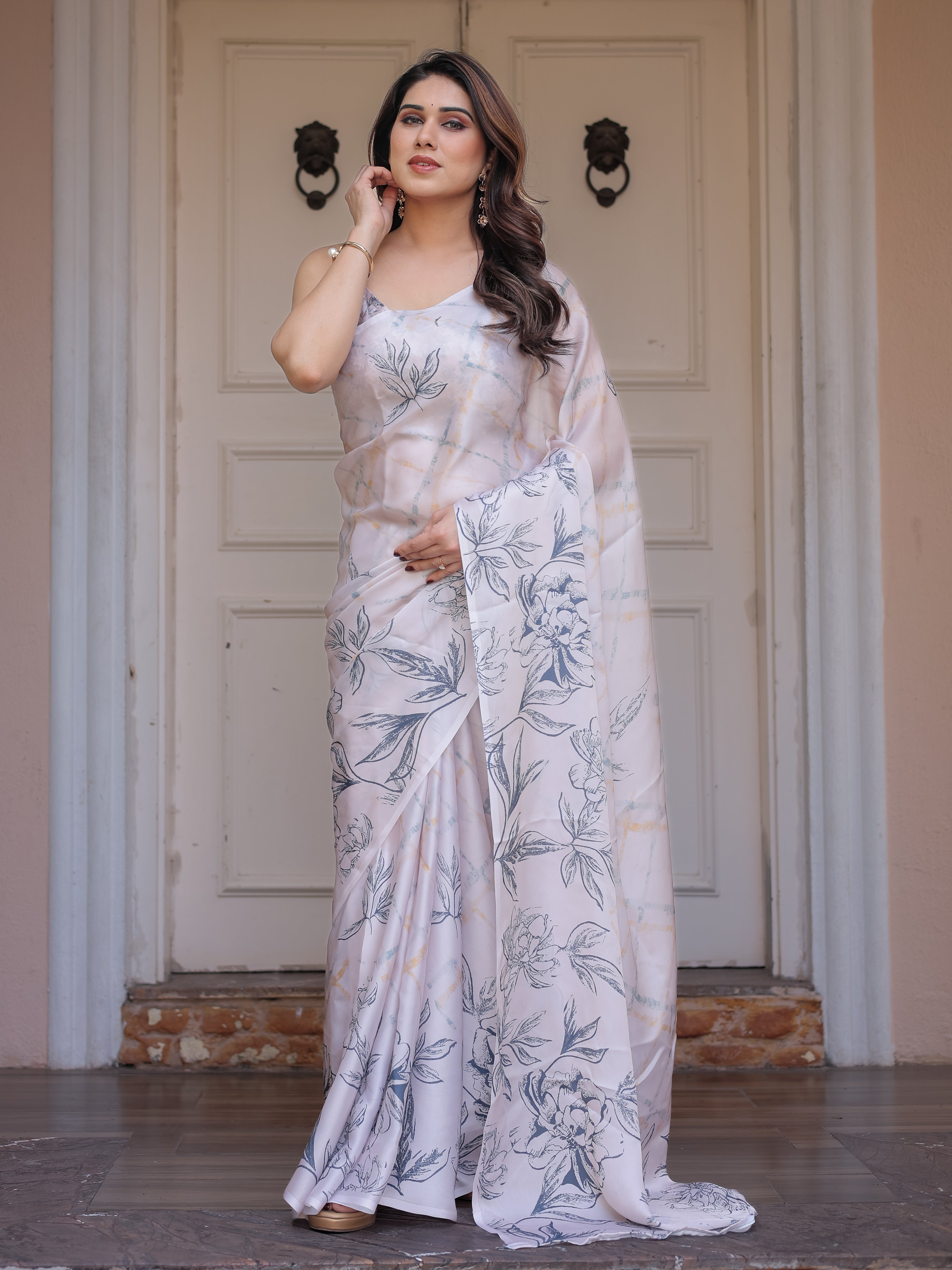 Ivory White Satin Georgette Botanical Printed Saree with Soft Grey Blouse & Artistic Floral Pallu | Elegant Minimal Party Wear Saree