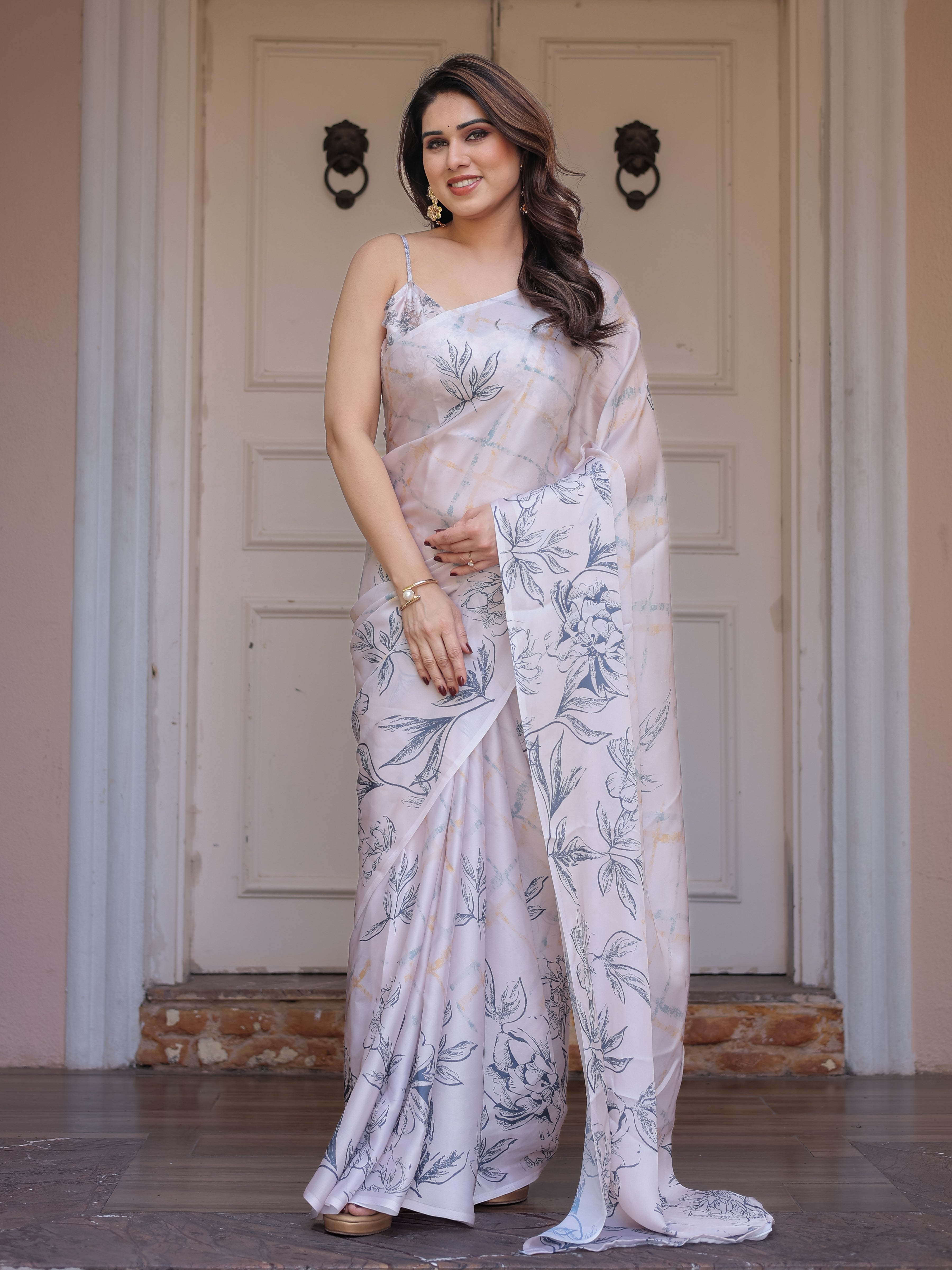 Ivory White Satin Georgette Botanical Printed Saree with Soft Grey Blouse & Artistic Floral Pallu | Elegant Minimal Party Wear Saree