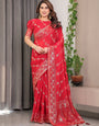 Crimson Red Fendi Satin Block & Foil Print Saree with Attached Blouse & Tassel Detailing