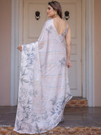 Ivory White Satin Georgette Botanical Printed Saree with Soft Grey Blouse & Artistic Floral Pallu | Elegant Minimal Party Wear Saree