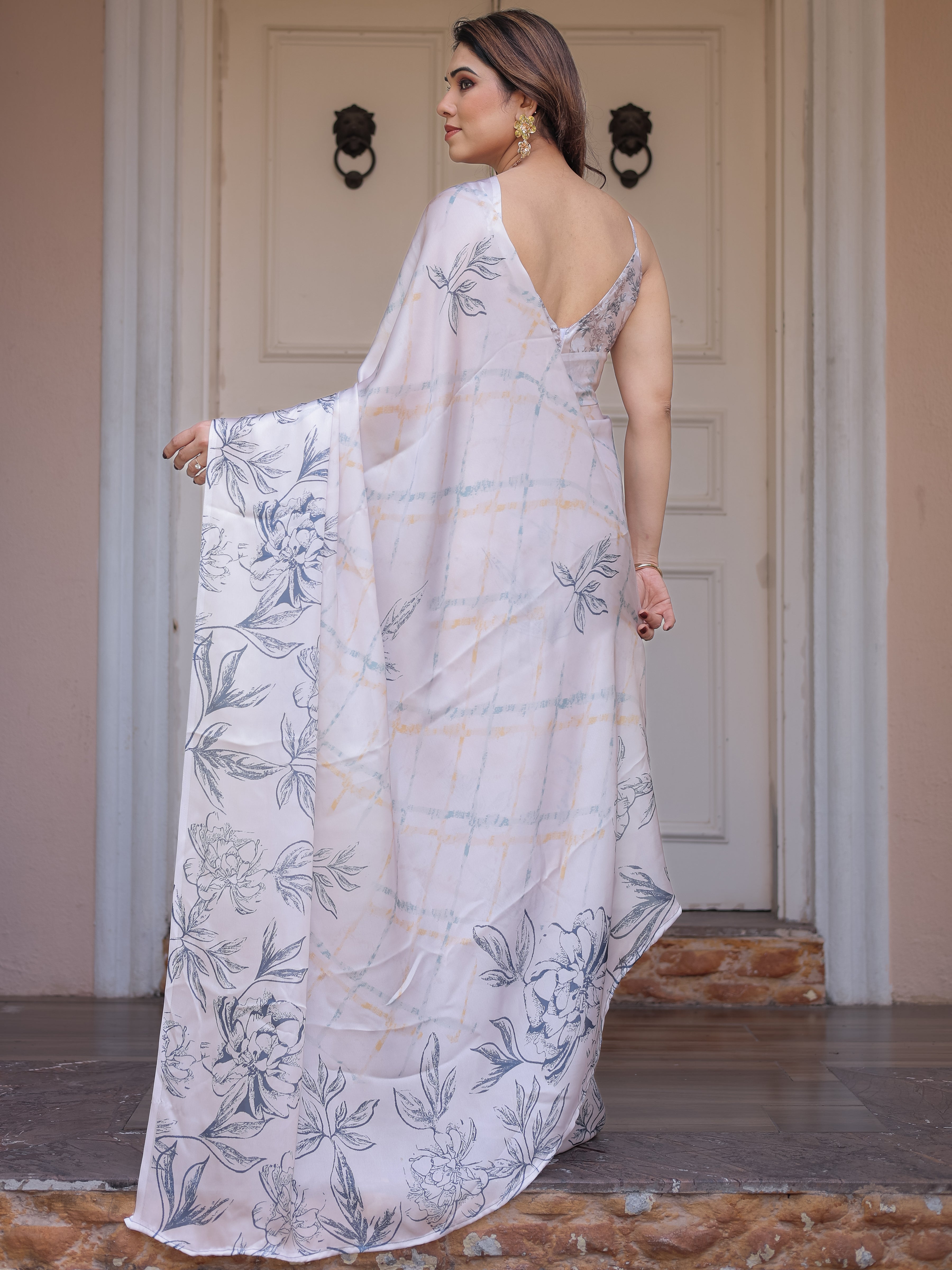 Ivory White Satin Georgette Botanical Printed Saree with Soft Grey Blouse & Artistic Floral Pallu | Elegant Minimal Party Wear Saree