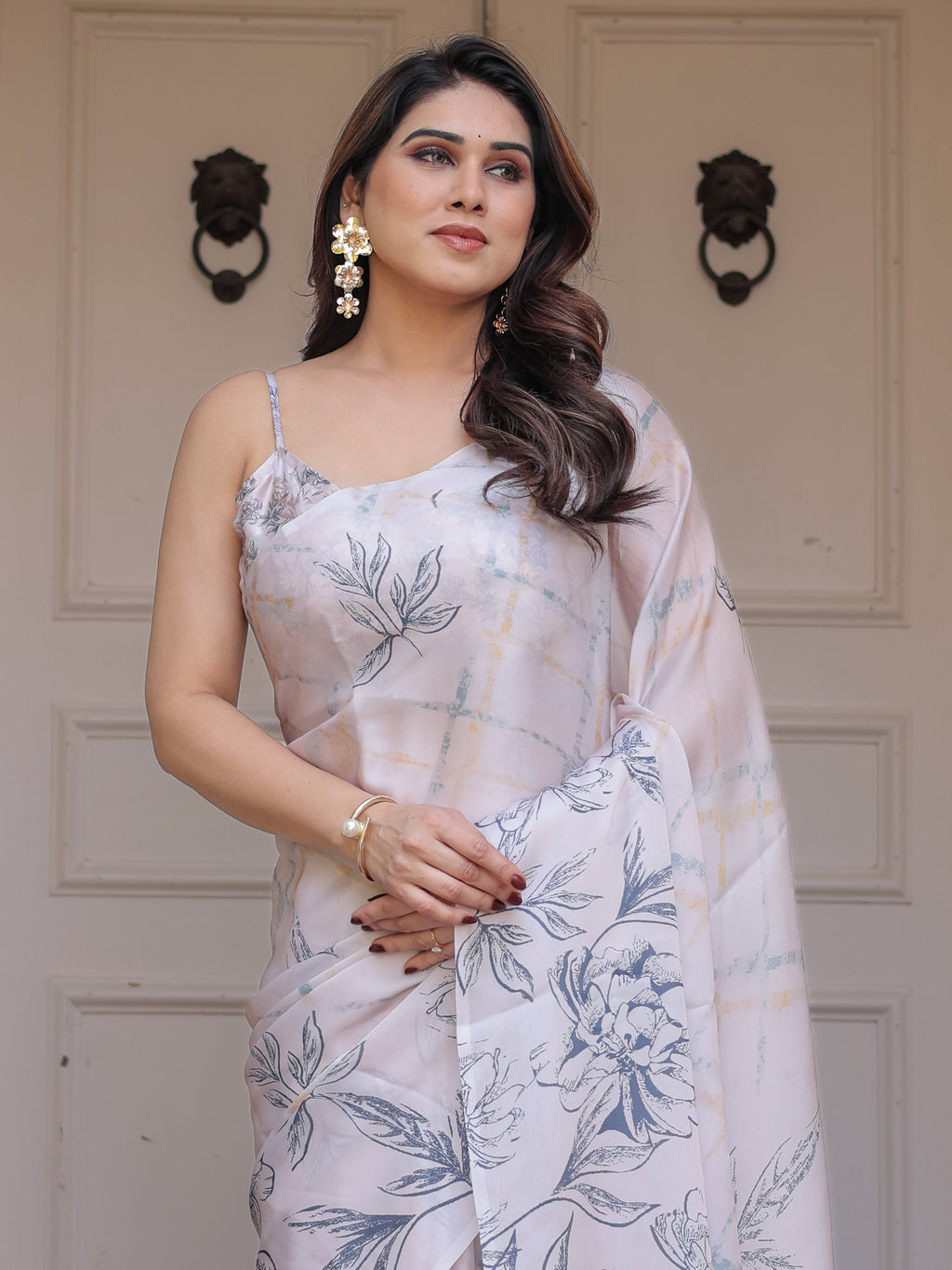 Ivory White Satin Georgette Botanical Printed Saree with Soft Grey Blouse & Artistic Floral Pallu | Elegant Minimal Party Wear Saree