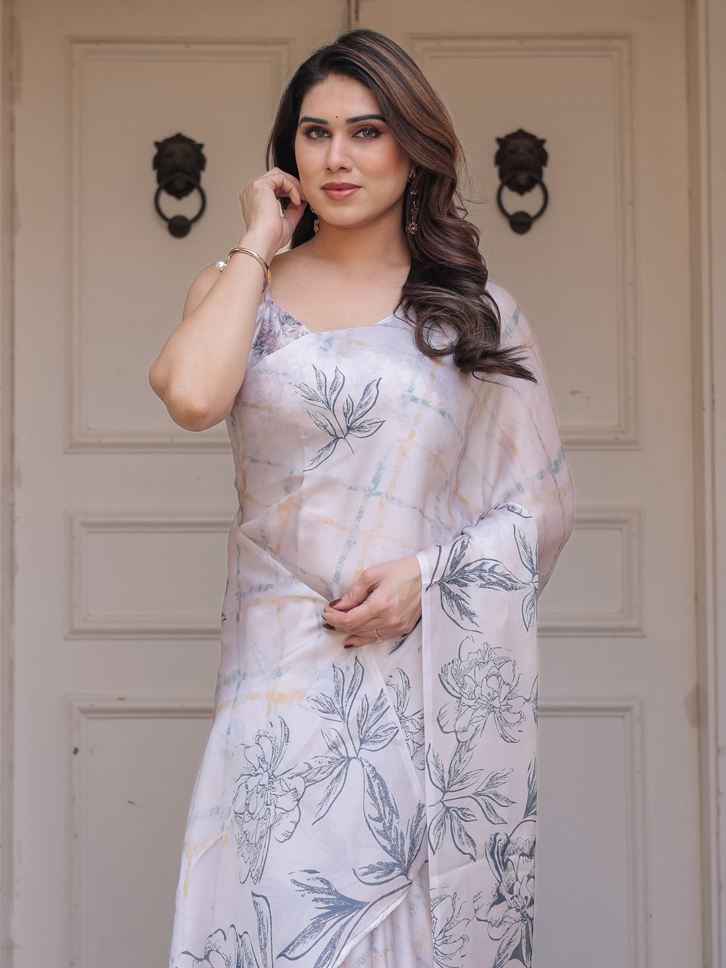 Ivory White Satin Georgette Botanical Printed Saree with Soft Grey Blouse & Artistic Floral Pallu | Elegant Minimal Party Wear Saree