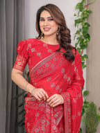 Crimson Red Fendi Satin Block & Foil Print Saree with Attached Blouse & Tassel Detailing