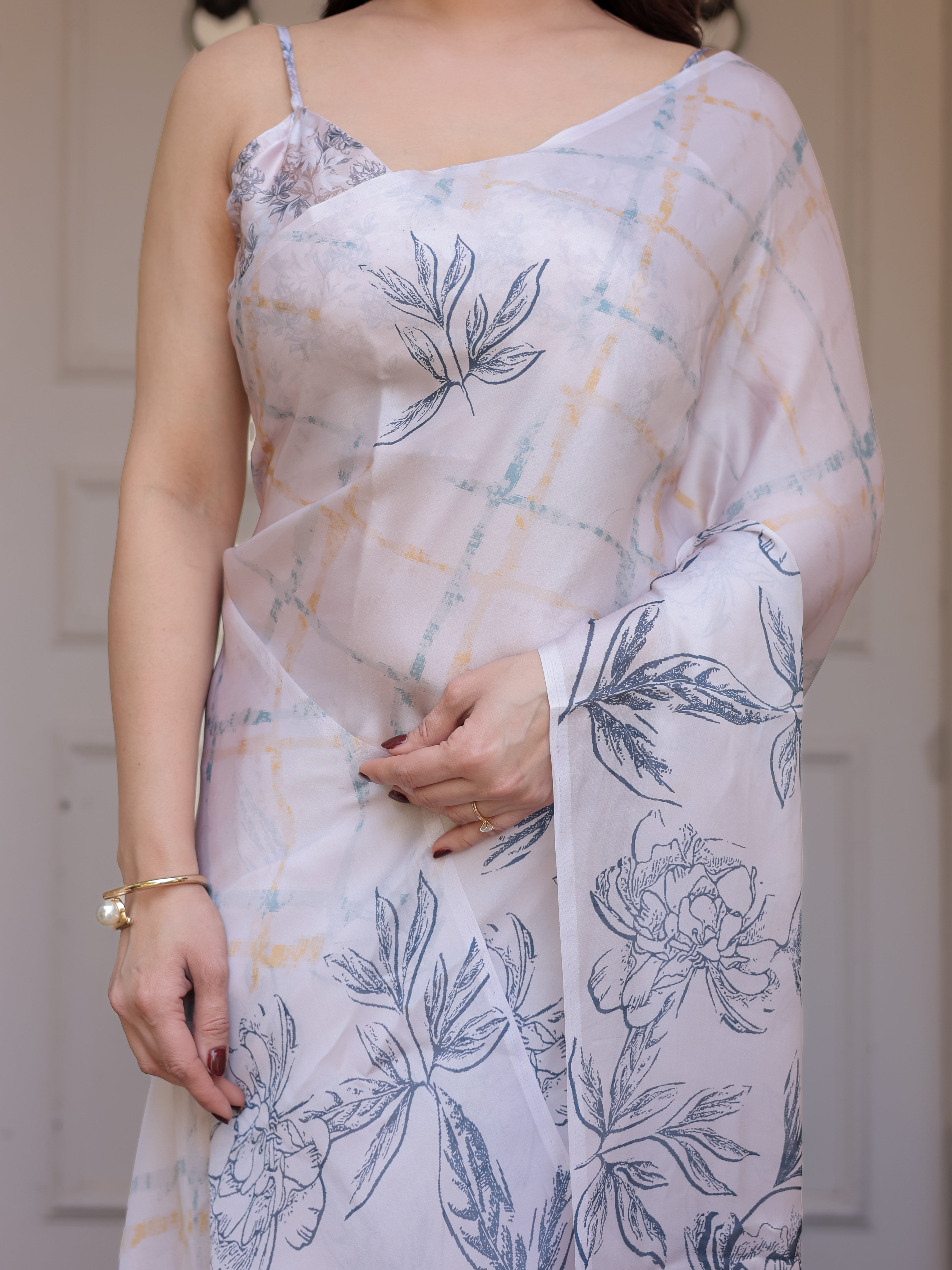 Ivory White Satin Georgette Botanical Printed Saree with Soft Grey Blouse & Artistic Floral Pallu | Elegant Minimal Party Wear Saree