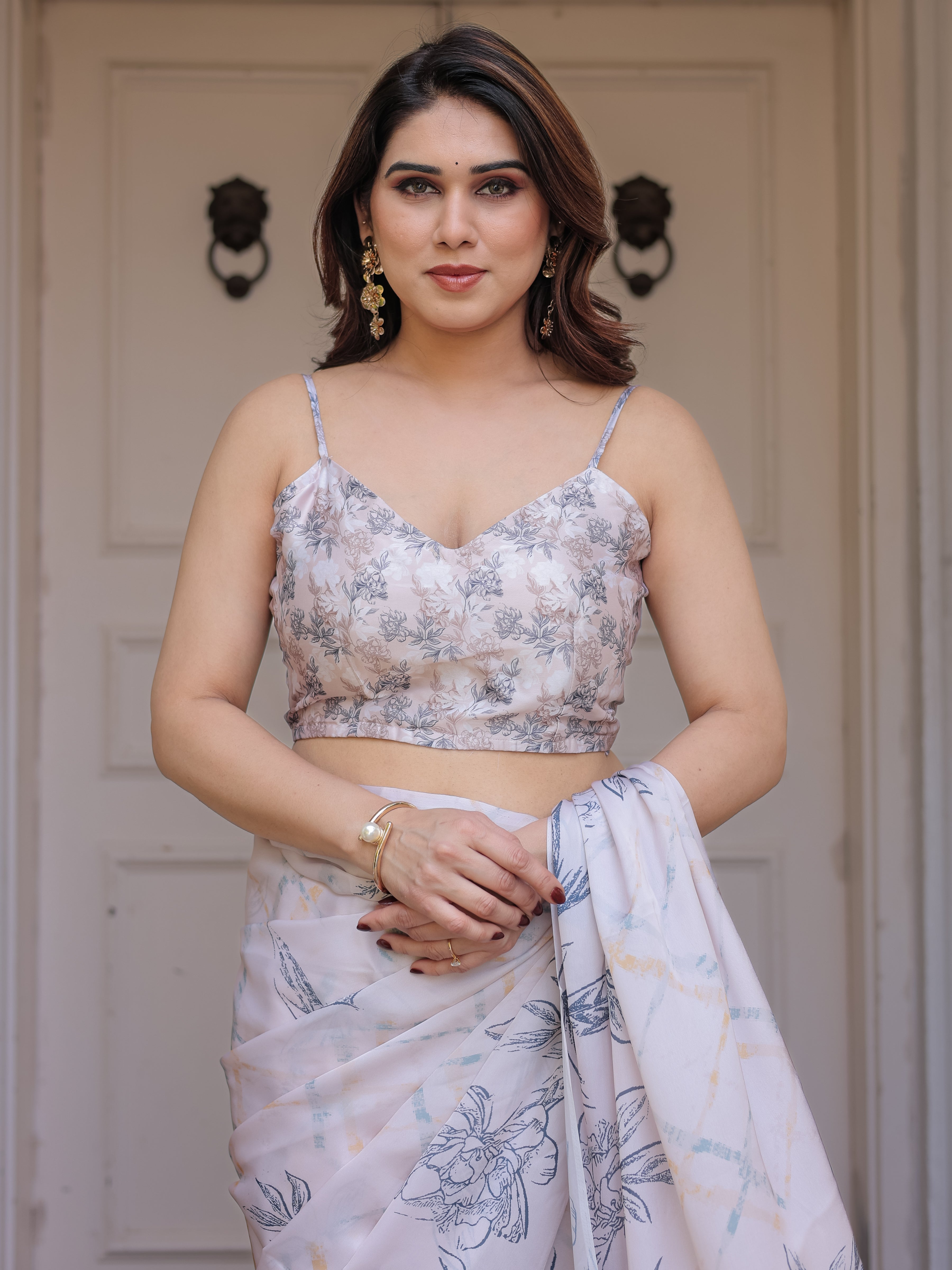 Ivory White Satin Georgette Botanical Printed Saree with Soft Grey Blouse & Artistic Floral Pallu | Elegant Minimal Party Wear Saree