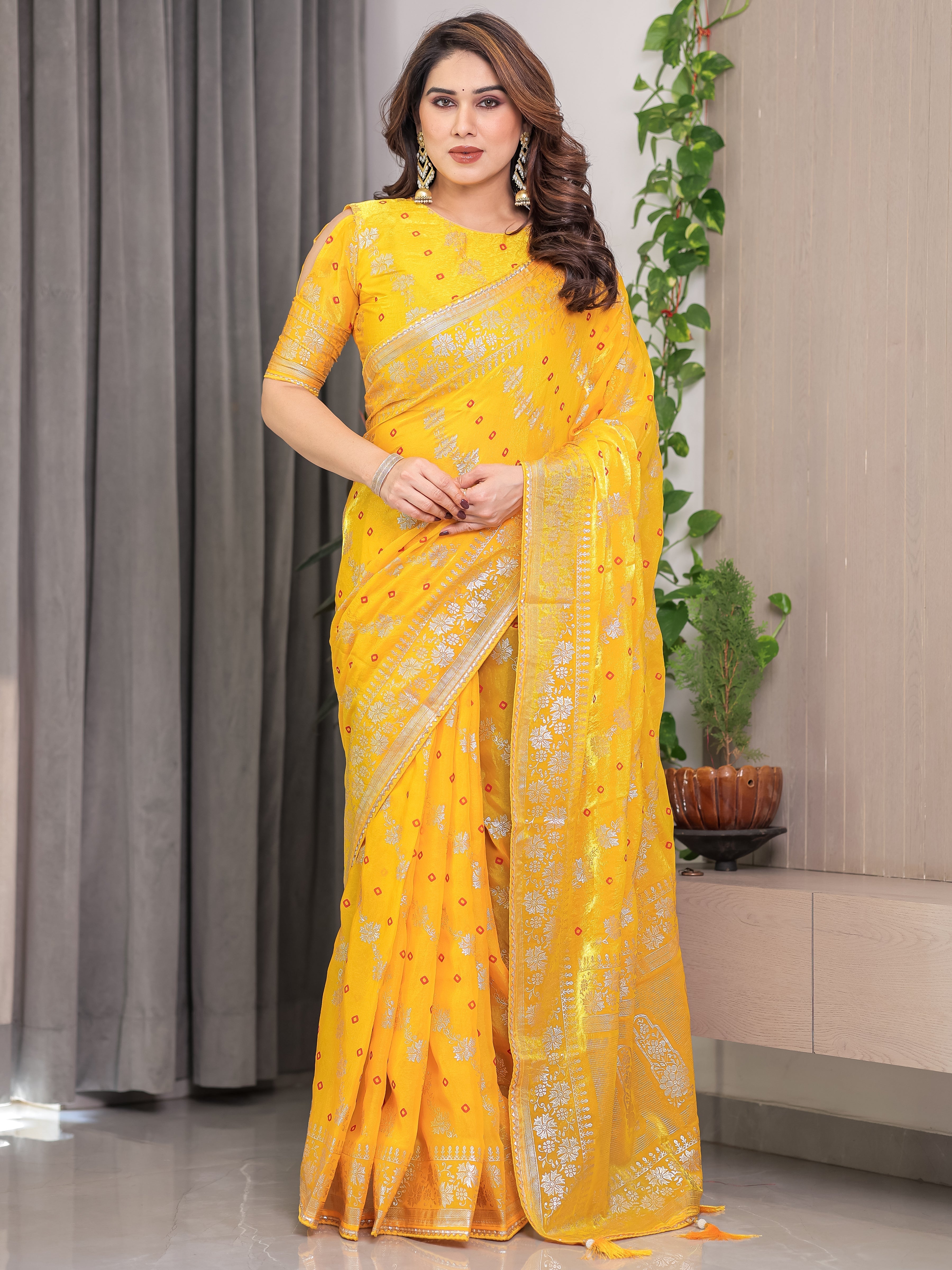 Sunshine Yellow Fendi Satin Block & Foil Print Saree with Attached Blouse & Tassel Detailing