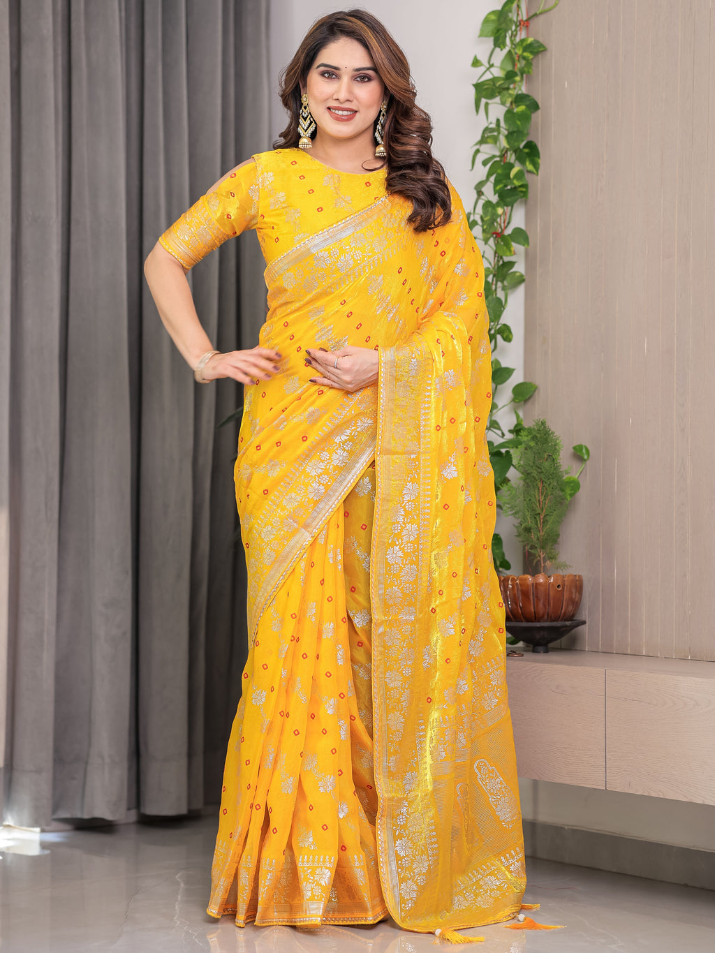 Sunshine Yellow Fendi Satin Block & Foil Print Saree with Attached Blouse & Tassel Detailing