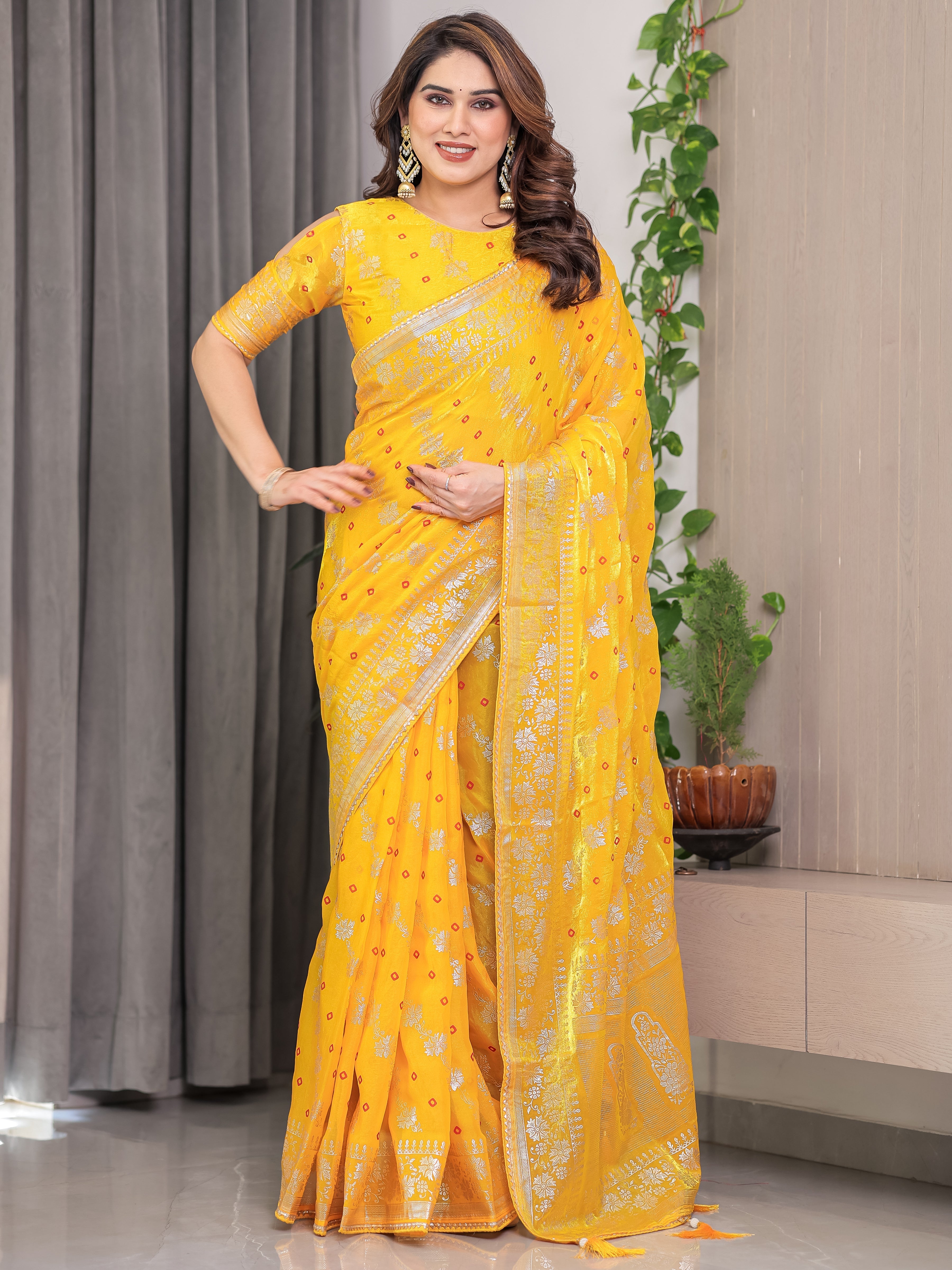 Sunshine Yellow Fendi Satin Block & Foil Print Saree with Attached Blouse & Tassel Detailing