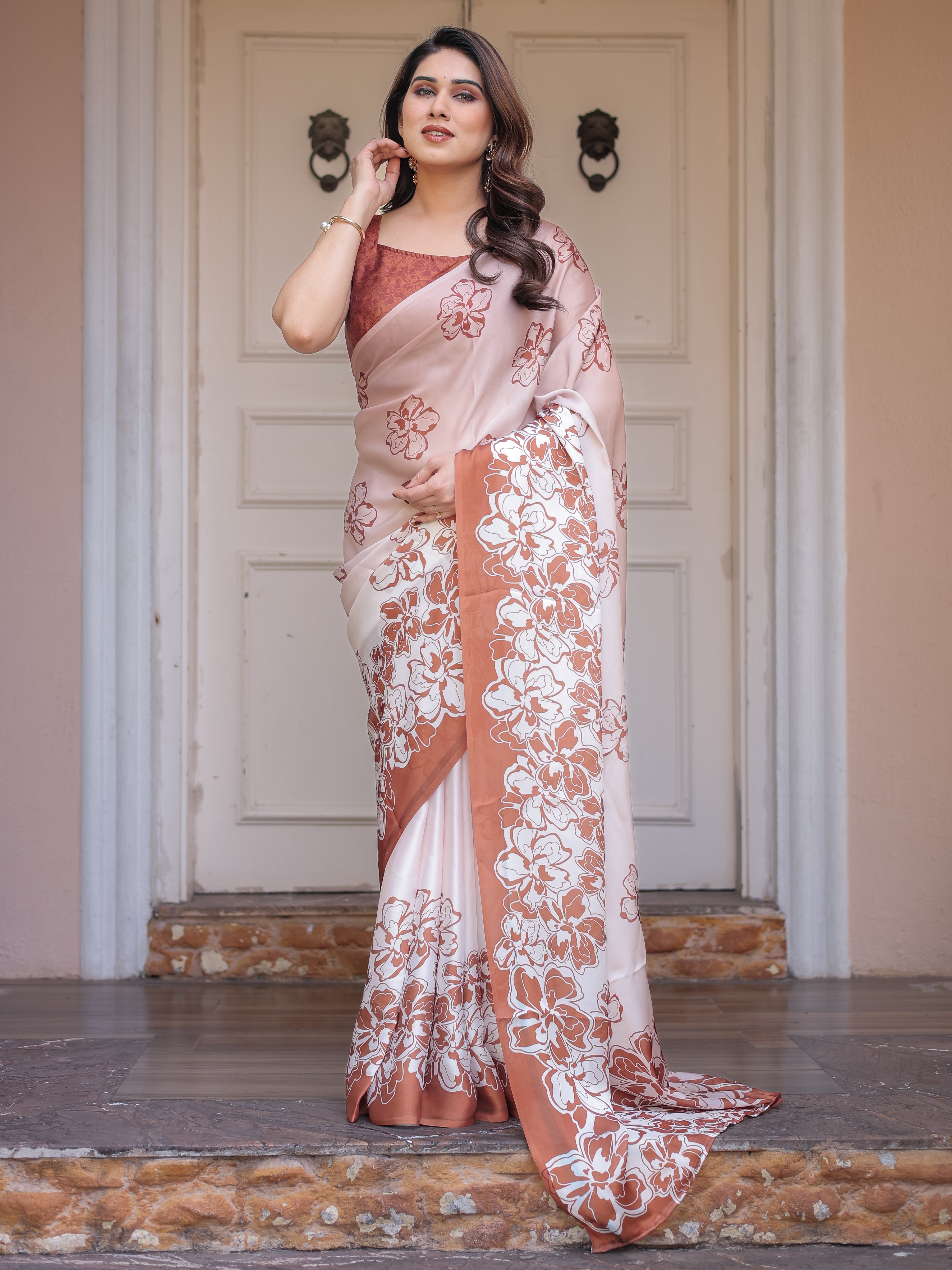 Peach Blush Satin Georgette Floral Printed Saree with Rust Brown Blouse & Statement Floral Pallu | Soft Elegant Party Wear Saree
