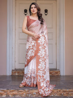 Peach Blush Satin Georgette Floral Printed Saree with Rust Brown Blouse & Statement Floral Pallu | Soft Elegant Party Wear Saree