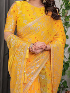 Sunshine Yellow Fendi Satin Block & Foil Print Saree with Attached Blouse & Tassel Detailing