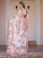 Peach Blush Satin Georgette Floral Printed Saree with Rust Brown Blouse & Statement Floral Pallu | Soft Elegant Party Wear Saree