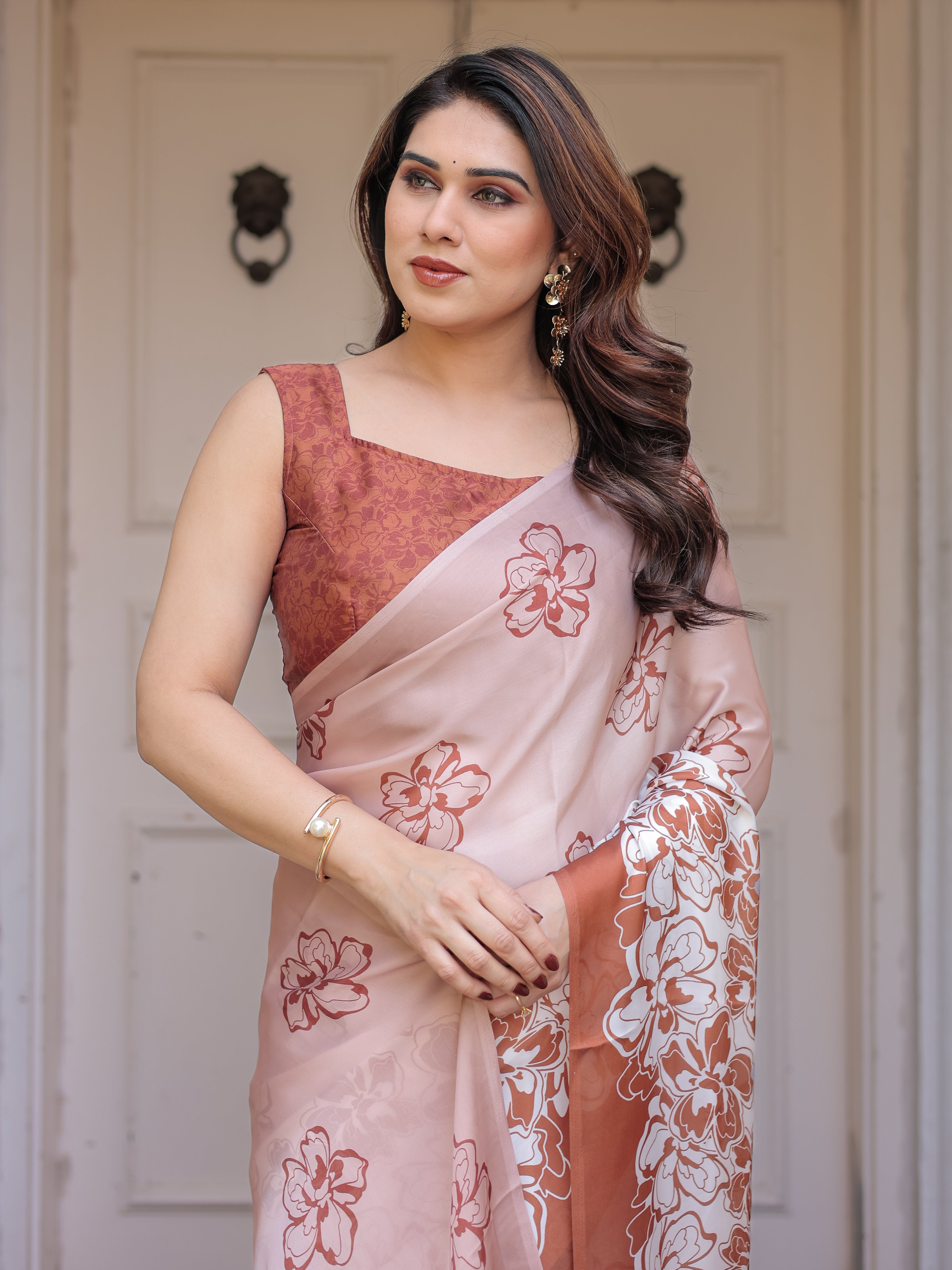 Peach Blush Satin Georgette Floral Printed Saree with Rust Brown Blouse & Statement Floral Pallu | Soft Elegant Party Wear Saree