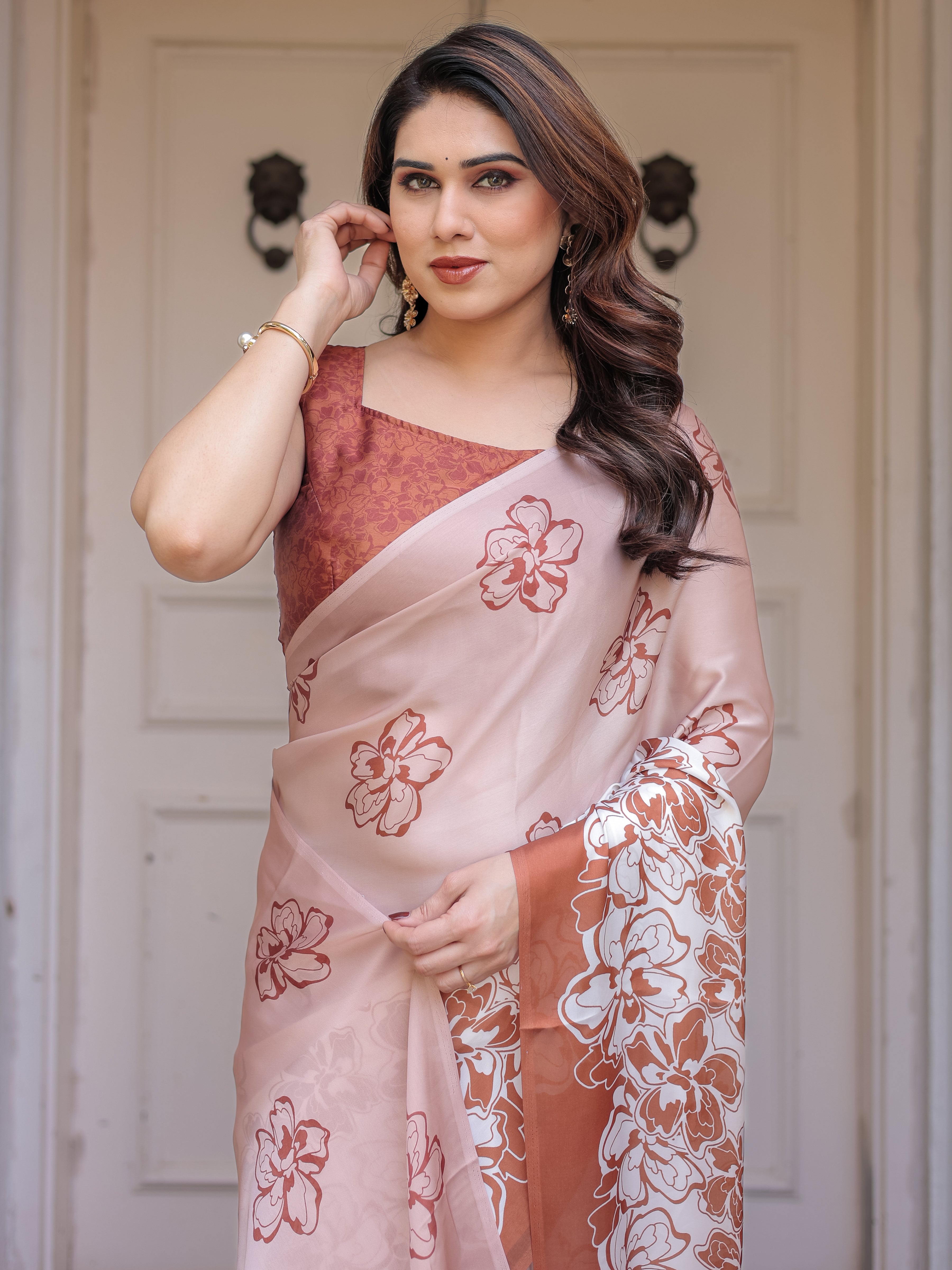 Peach Blush Satin Georgette Floral Printed Saree with Rust Brown Blouse & Statement Floral Pallu | Soft Elegant Party Wear Saree