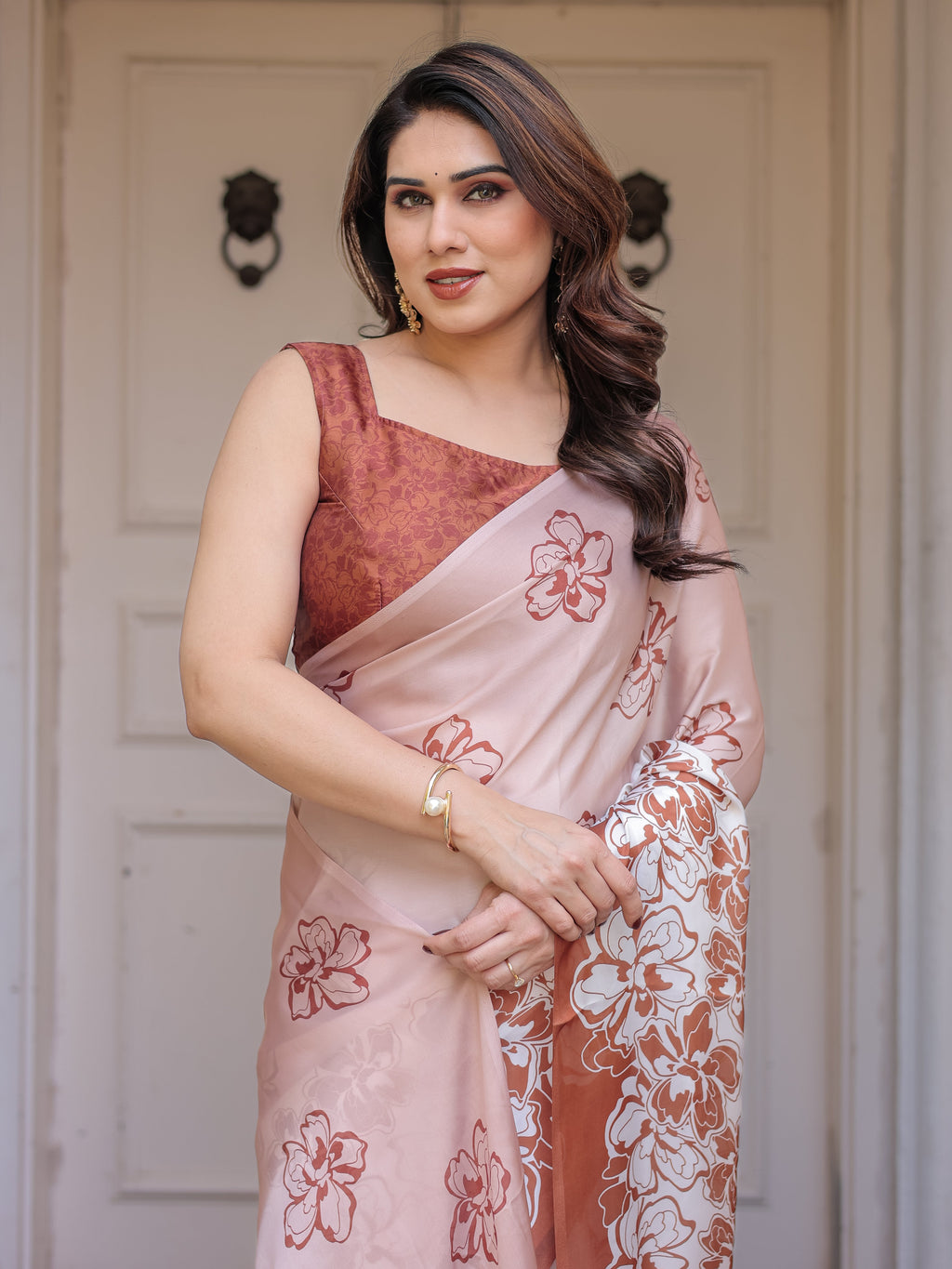Peach Blush Satin Georgette Floral Printed Saree with Rust Brown Blouse & Statement Floral Pallu | Soft Elegant Party Wear Saree