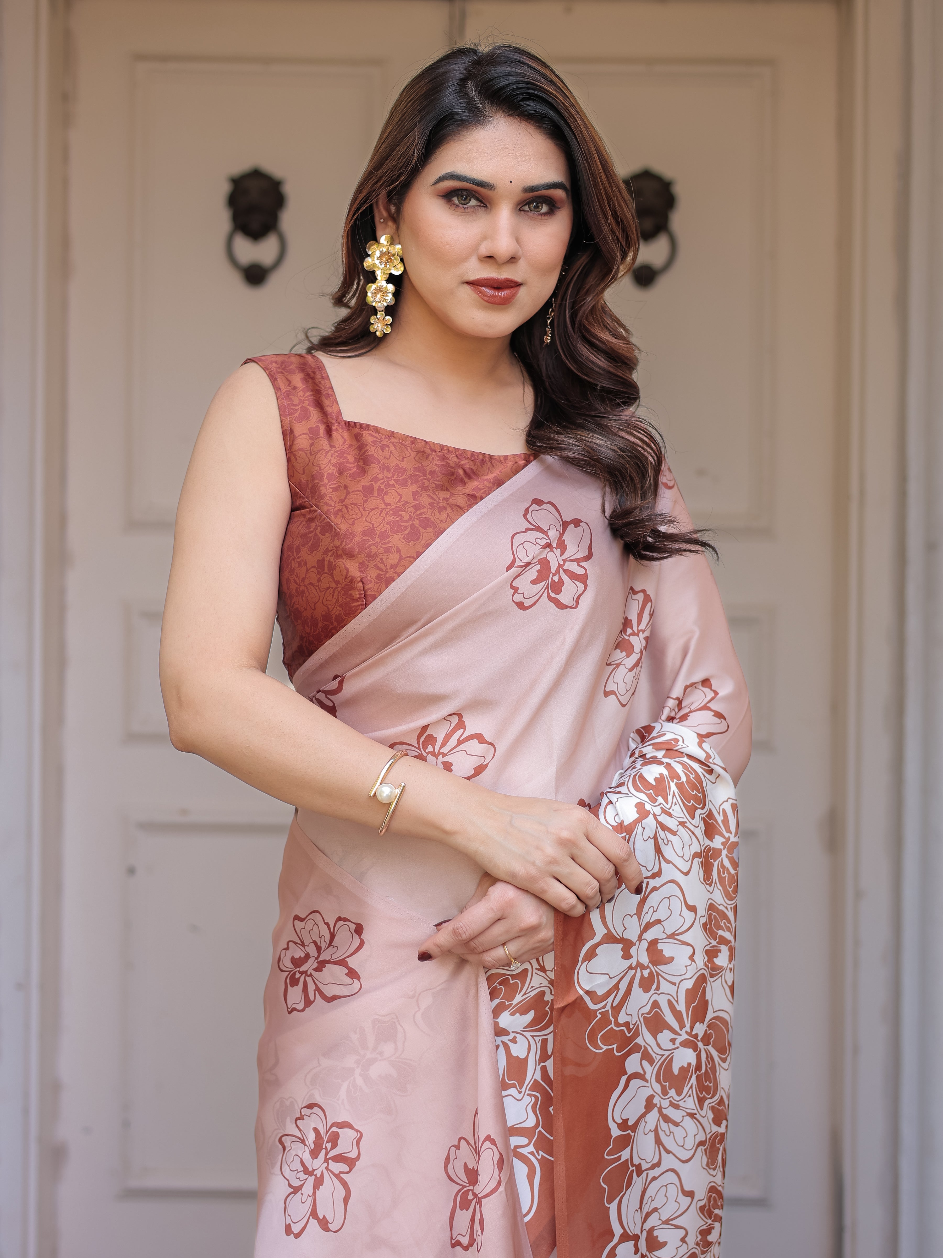 Peach Blush Satin Georgette Floral Printed Saree with Rust Brown Blouse & Statement Floral Pallu | Soft Elegant Party Wear Saree