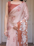 Peach Blush Satin Georgette Floral Printed Saree with Rust Brown Blouse & Statement Floral Pallu | Soft Elegant Party Wear Saree