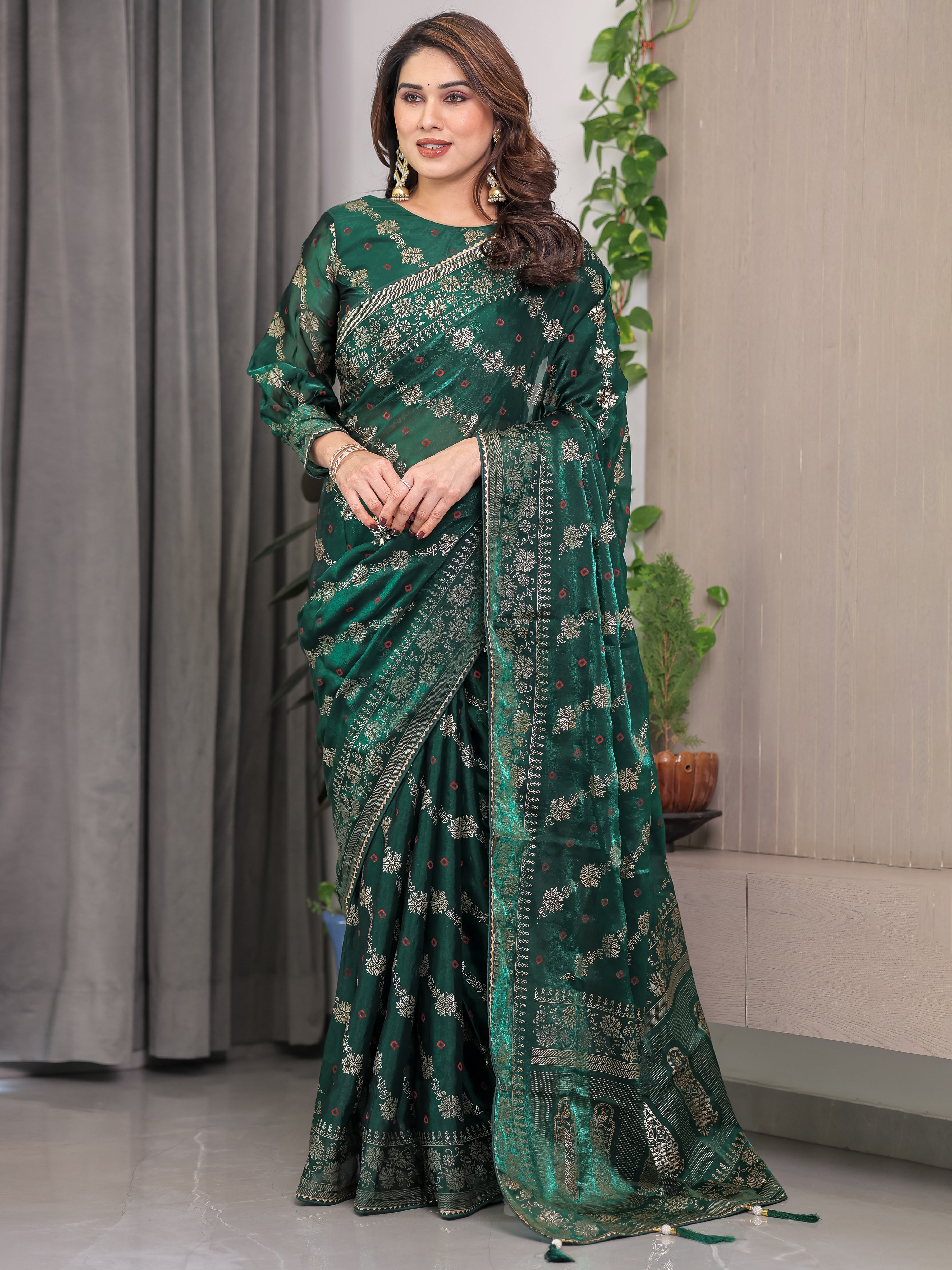Emerald Green Fendi Satin Block & Foil Print Saree with Attached Blouse & Tassel Finish