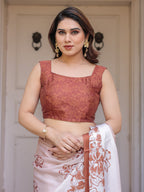 Peach Blush Satin Georgette Floral Printed Saree with Rust Brown Blouse & Statement Floral Pallu | Soft Elegant Party Wear Saree