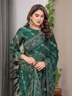 Emerald Green Fendi Satin Block & Foil Print Saree with Attached Blouse & Tassel Finish