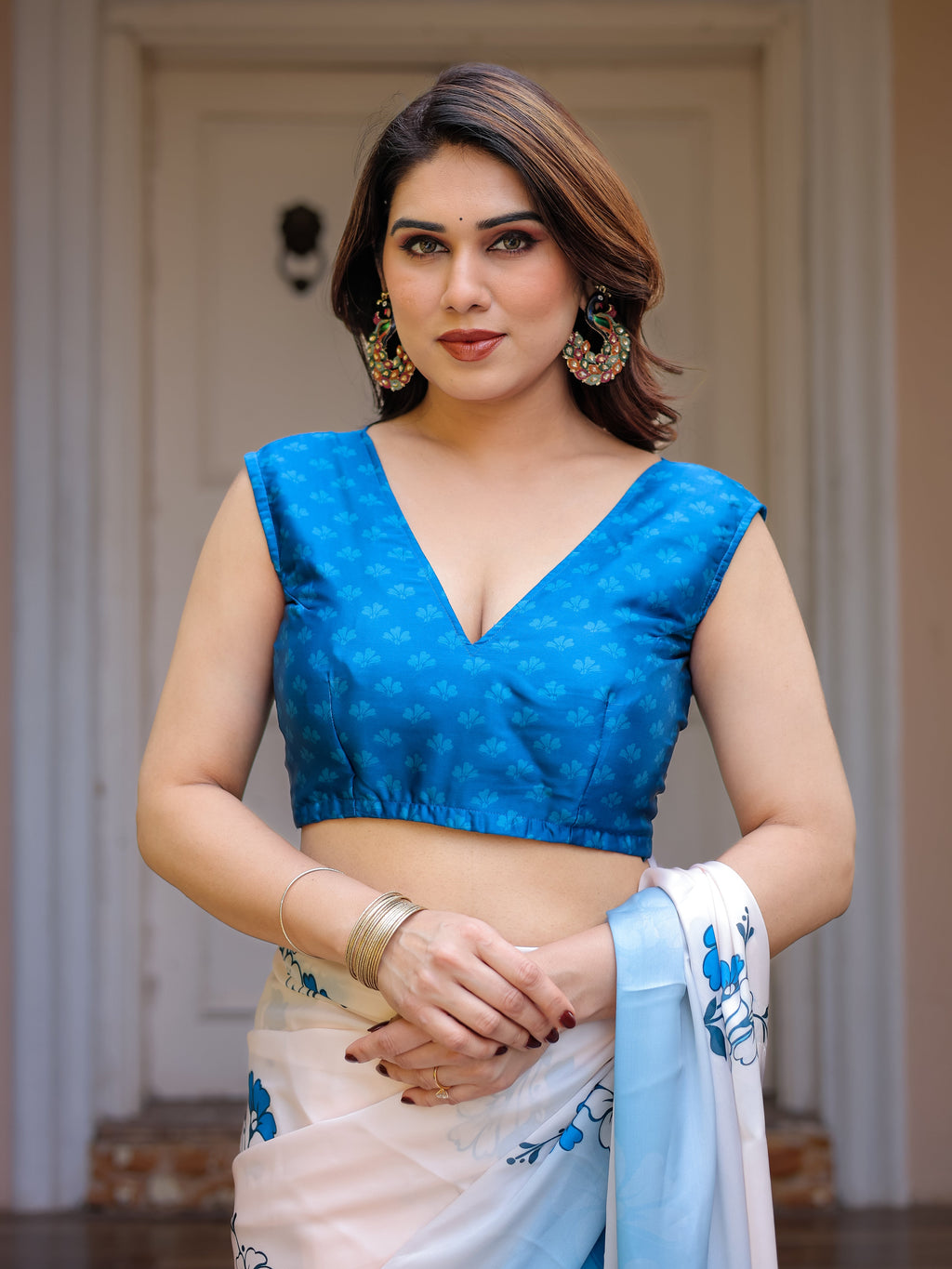 Powder Blue & Ivory Floral Printed Satin Georgette Saree with Matching Blouse – Elegant Party & Day Occasion Wear