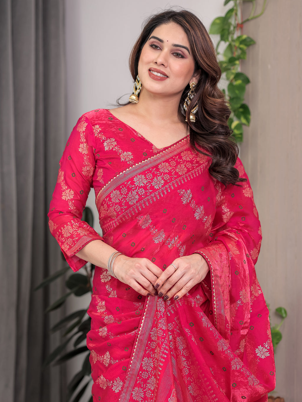 Rose Pink Fendi Satin Block & Foil Print Saree with Attached Blouse & Tassel Detailing