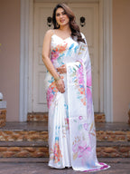 White Pastel Floral Printed Satin Georgette Saree with Matching Blouse – Soft Elegant Party & Day Wear