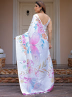 White Pastel Floral Printed Satin Georgette Saree with Matching Blouse – Soft Elegant Party & Day Wear