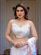 White Pastel Floral Printed Satin Georgette Saree with Matching Blouse – Soft Elegant Party & Day Wear
