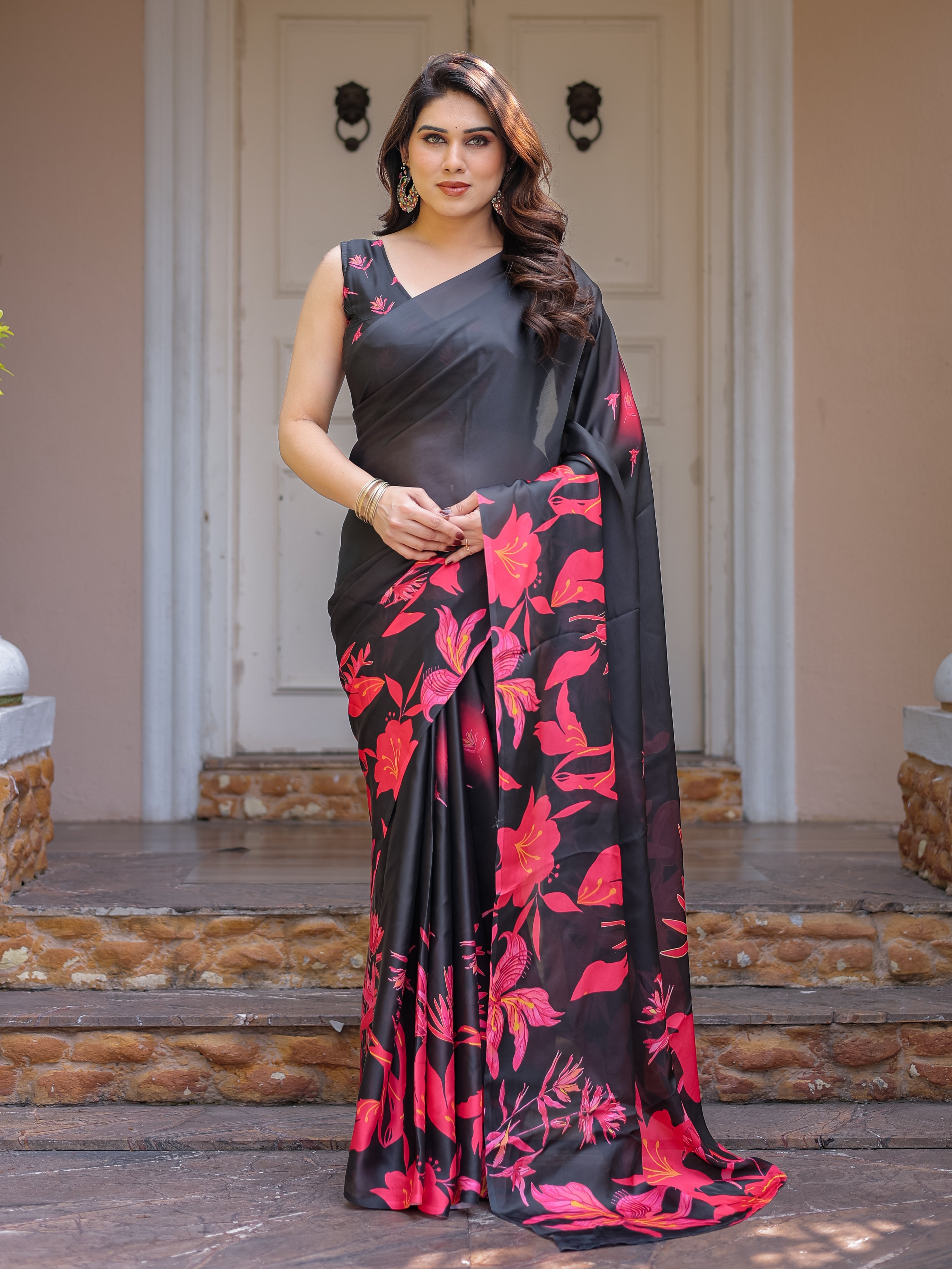 Black & Hot Pink Floral Printed Satin Georgette Saree with Matching Blouse – Statement Party & Evening Wear