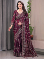 Wine Maroon Fendi Satin Block & Foil Print Saree with Floral Motifs, Attached Blouse & Tassel Pallu