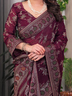 Wine Maroon Fendi Satin Block & Foil Print Saree with Floral Motifs, Attached Blouse & Tassel Pallu