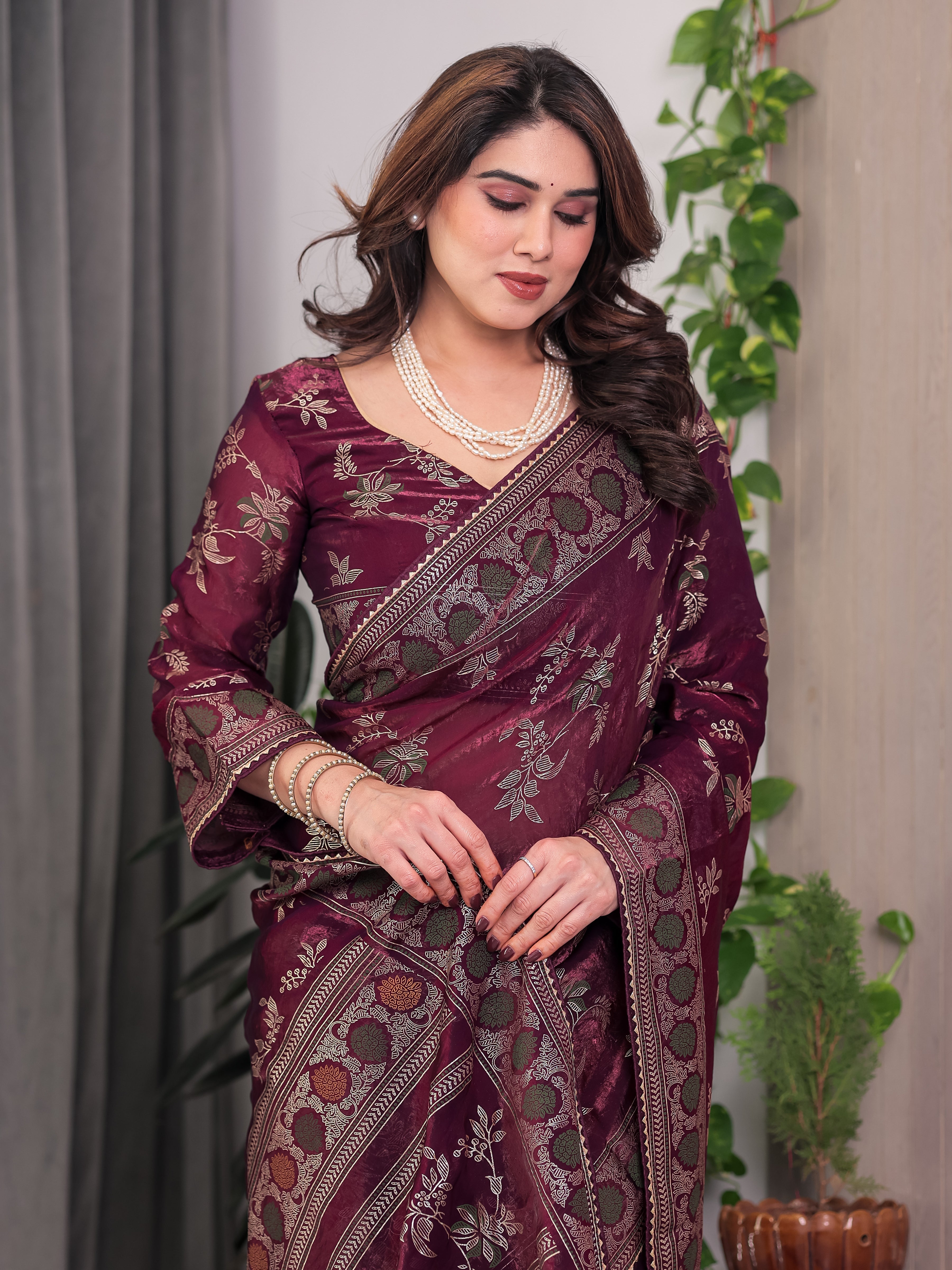Wine Maroon Fendi Satin Block & Foil Print Saree with Floral Motifs, Attached Blouse & Tassel Pallu