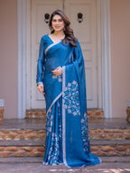 Teal Blue Mandala Printed Satin Georgette Saree with Matching Blouse – Contemporary Party & Festive Wear