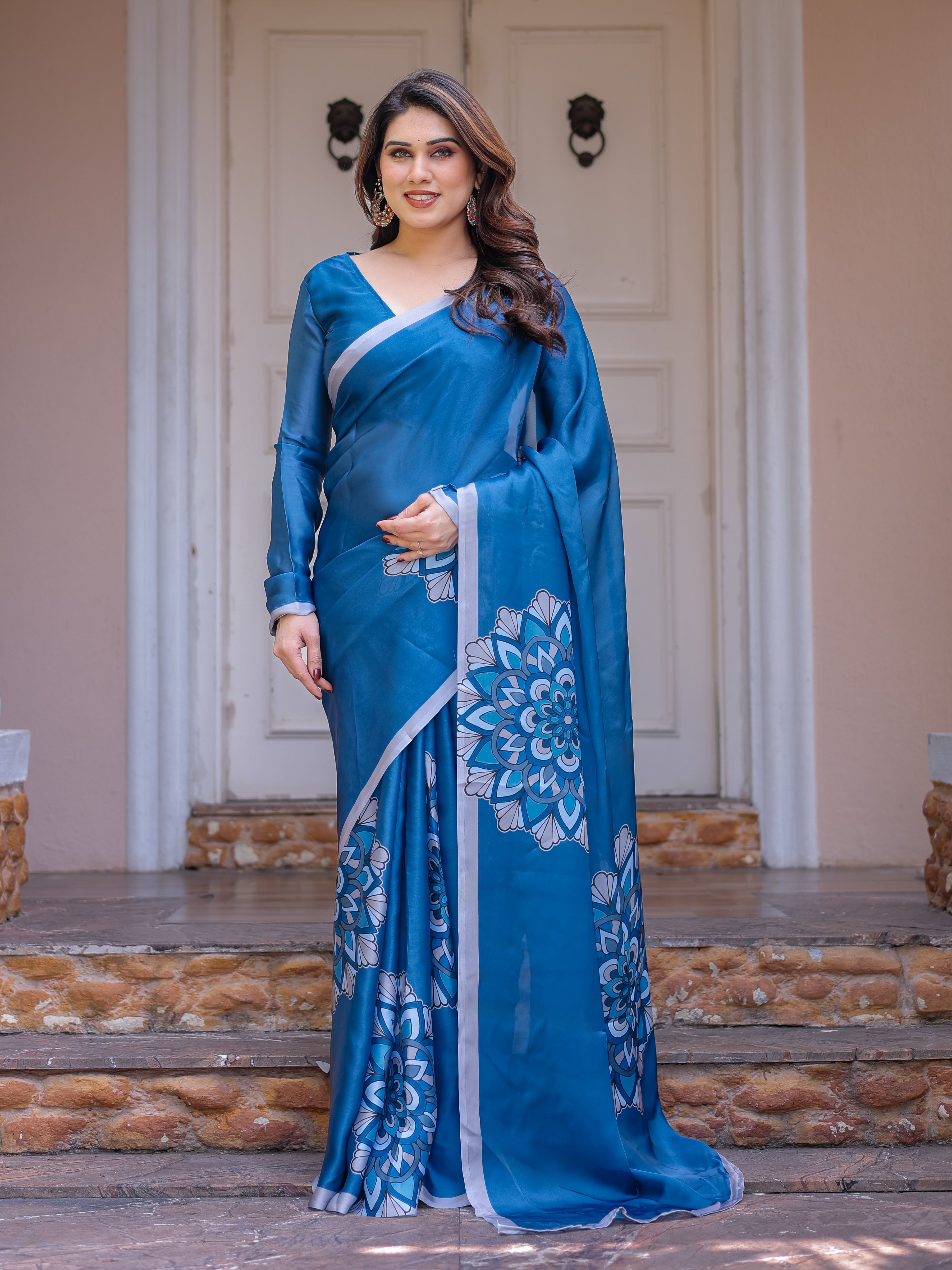 Teal Blue Mandala Printed Satin Georgette Saree with Matching Blouse – Contemporary Party & Festive Wear
