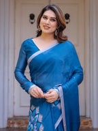 Teal Blue Mandala Printed Satin Georgette Saree with Matching Blouse – Contemporary Party & Festive Wear