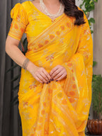 Mustard Yellow Fendi Satin Block & Foil Print Saree with Floral Motifs, Attached Blouse & Tassel Pallu