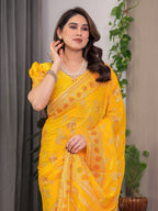 Mustard Yellow Fendi Satin Block & Foil Print Saree with Floral Motifs, Attached Blouse & Tassel Pallu
