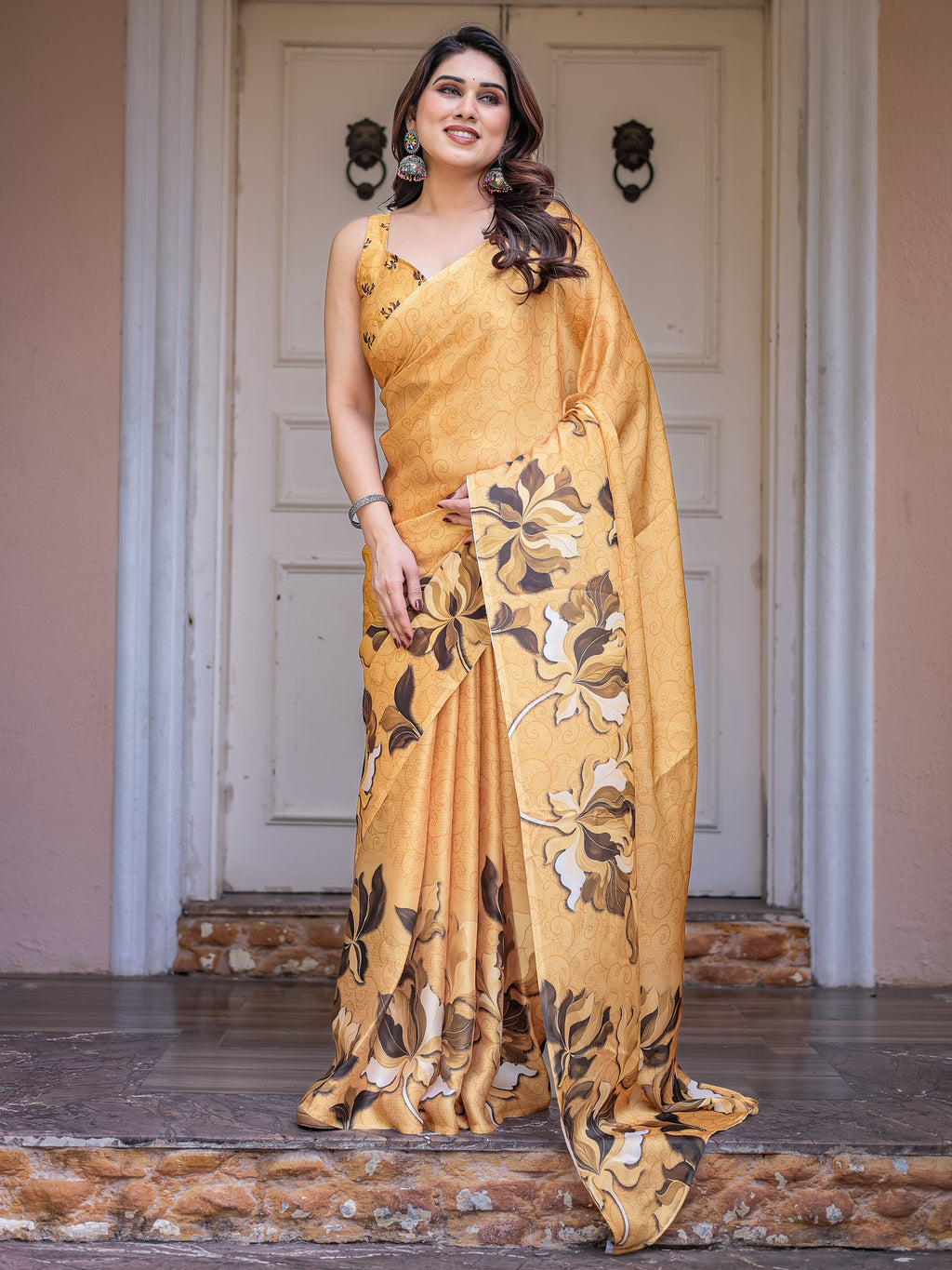Mustard Gold Floral Printed Satin Georgette Saree with Matching Blouse – Elegant Festive & Party Wear