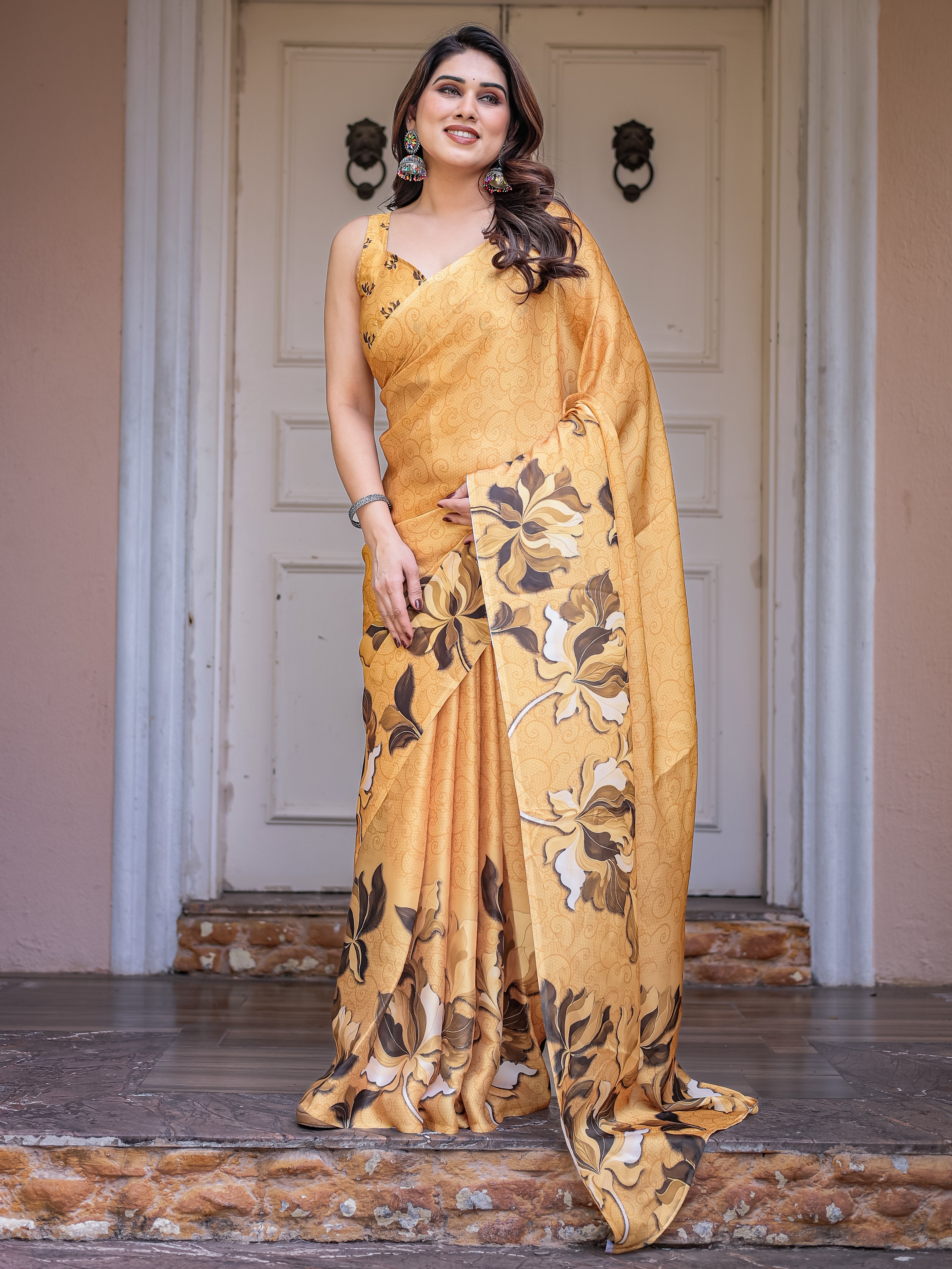 Mustard Gold Floral Printed Satin Georgette Saree with Matching Blouse – Elegant Festive & Party Wear