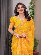 Mustard Yellow Fendi Satin Block & Foil Print Saree with Floral Motifs, Attached Blouse & Tassel Pallu