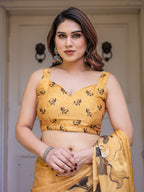 Mustard Gold Floral Printed Satin Georgette Saree with Matching Blouse – Elegant Festive & Party Wear