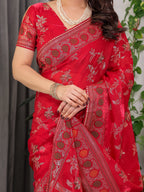 Classic Red Fendi Satin Block & Foil Print Saree with Floral Motifs, Attached Blouse & Tassel Pallu