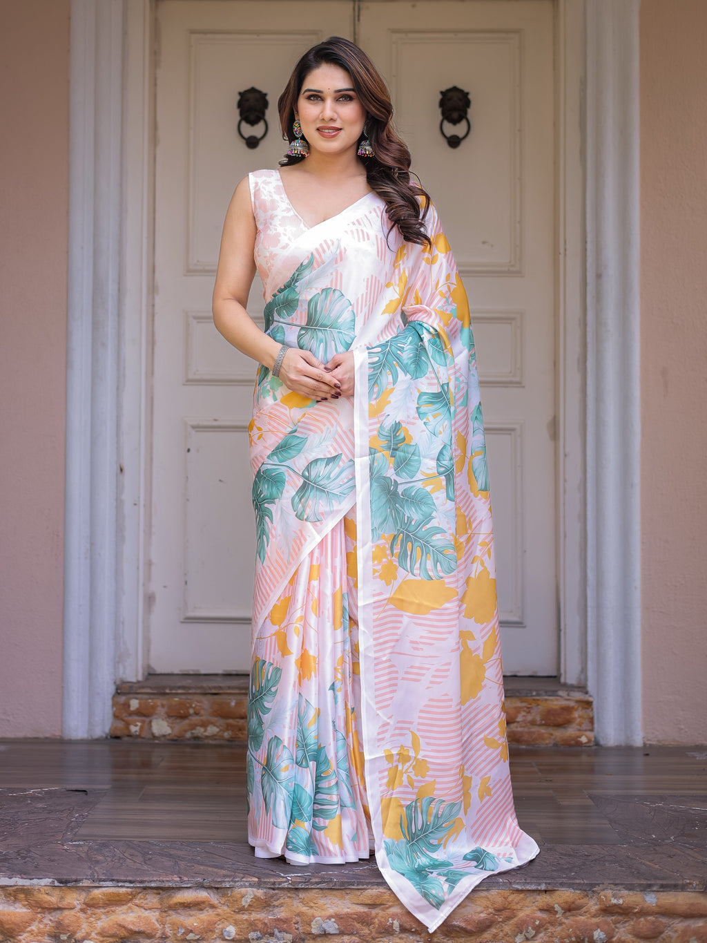 White Tropical Leaf Printed Satin Georgette Saree with Matching Blouse – Fresh Summer Party & Day Wear